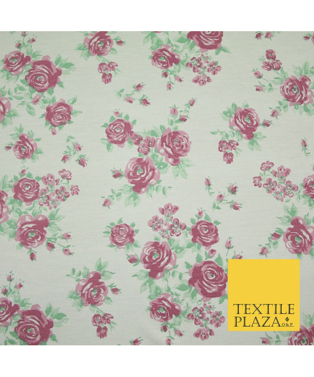 Ivory Pink Vintage Floral Print Soft Touch Stretch Jersey Fabric 56" 6728