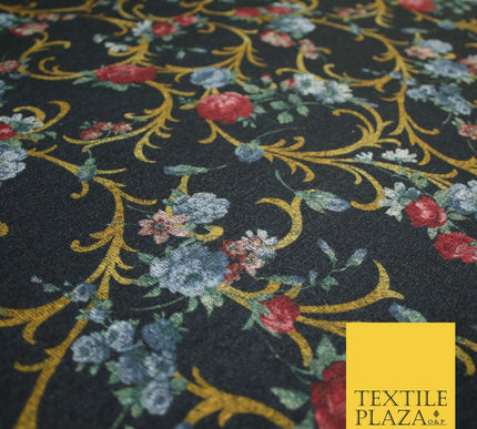 Black Marl Vintage Floral Print Soft Touch Stretch Jersey Fabric 56" 6727