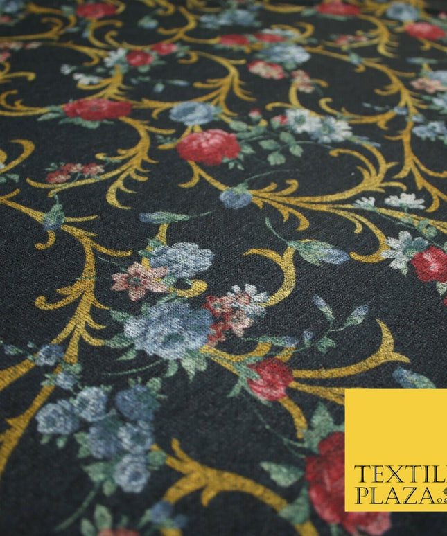 Black Marl Vintage Floral Print Soft Touch Stretch Jersey Fabric 56" 6727