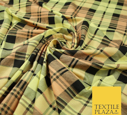 Yellow Peach Black Check Tartan Print Soft Stretch Jersey Fabric 56" 6594