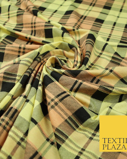 Yellow Peach Black Check Tartan Print Soft Stretch Jersey Fabric 56" 6594