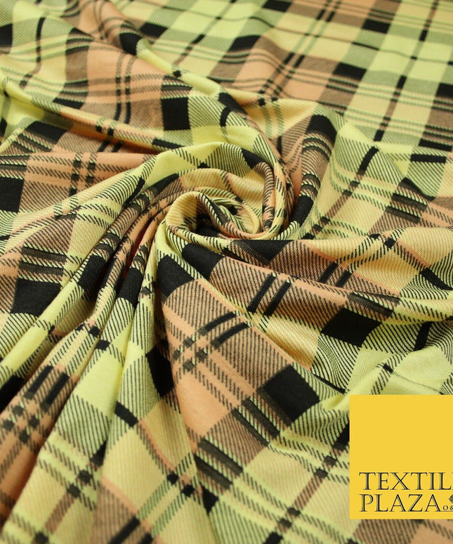Yellow Peach Black Check Tartan Print Soft Stretch Jersey Fabric 56" 6594