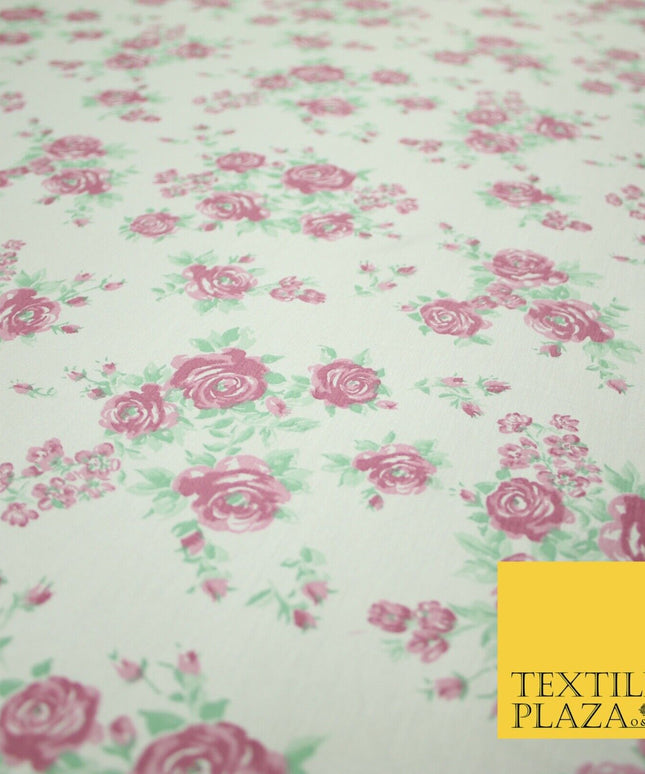 Ivory Pink Vintage Floral Print Soft Touch Stretch Jersey Fabric 56" 6728