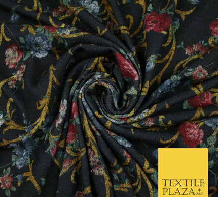 Black Marl Vintage Floral Print Soft Touch Stretch Jersey Fabric 56" 6727