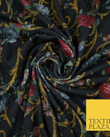 Black Marl Vintage Floral Print Soft Touch Stretch Jersey Fabric 56" 6727