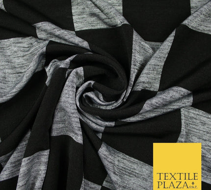 Black Grey Marl Check Print Soft Touch Stretch Jersey Fabric 56" 6595