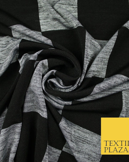 Black Grey Marl Check Print Soft Touch Stretch Jersey Fabric 56" 6595