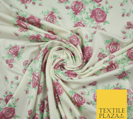 Ivory Pink Vintage Floral Print Soft Touch Stretch Jersey Fabric 56" 6728