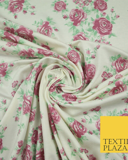 Ivory Pink Vintage Floral Print Soft Touch Stretch Jersey Fabric 56" 6728