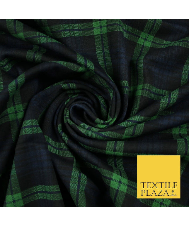 Green & Navy Blue Check Tartan Print Soft Touch Stretch Jersey Fabric 56" 6599