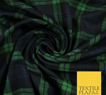 Green & Navy Blue Check Tartan Print Soft Touch Stretch Jersey Fabric 56" 6599