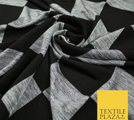 Black Grey Marl Check Print Soft Touch Stretch Jersey Fabric 56" 6595