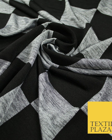 Black Grey Marl Check Print Soft Touch Stretch Jersey Fabric 56" 6595