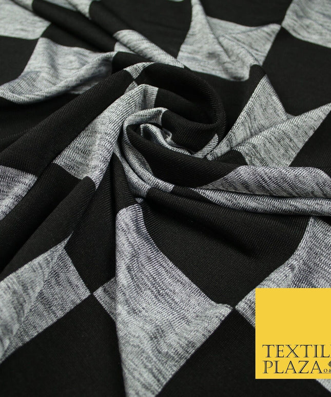 Black Grey Marl Check Print Soft Touch Stretch Jersey Fabric 56" 6595