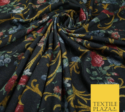 Black Marl Vintage Floral Print Soft Touch Stretch Jersey Fabric 56" 6727