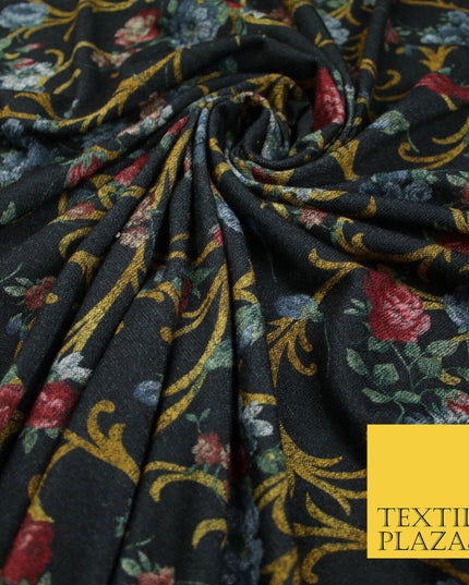 Black Marl Vintage Floral Print Soft Touch Stretch Jersey Fabric 56" 6727