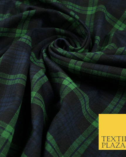 Green & Navy Blue Check Tartan Print Soft Touch Stretch Jersey Fabric 56" 6599