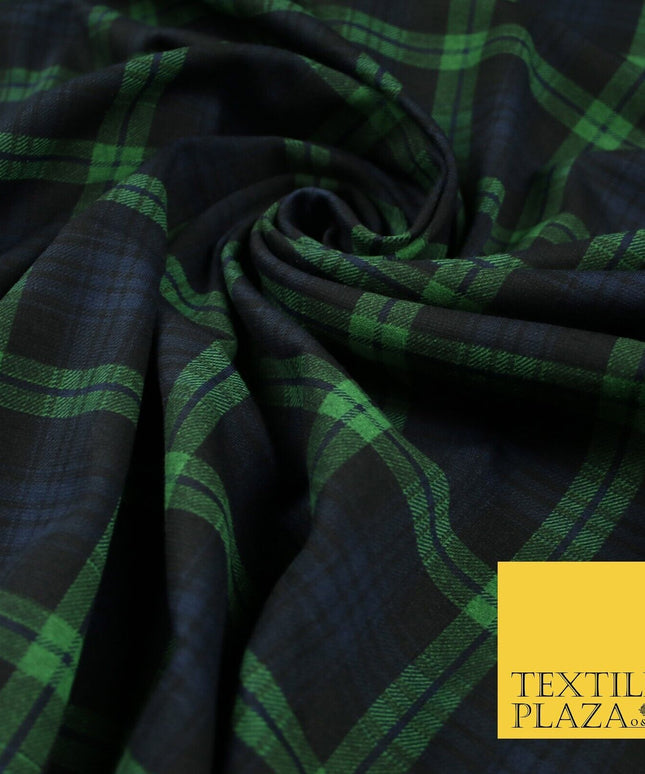 Green & Navy Blue Check Tartan Print Soft Touch Stretch Jersey Fabric 56" 6599