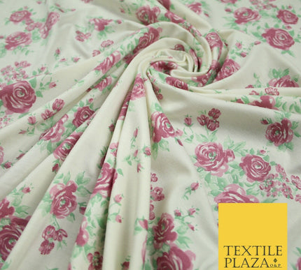 Ivory Pink Vintage Floral Print Soft Touch Stretch Jersey Fabric 56" 6728