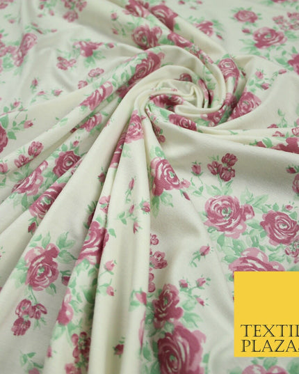 Ivory Pink Vintage Floral Print Soft Touch Stretch Jersey Fabric 56" 6728