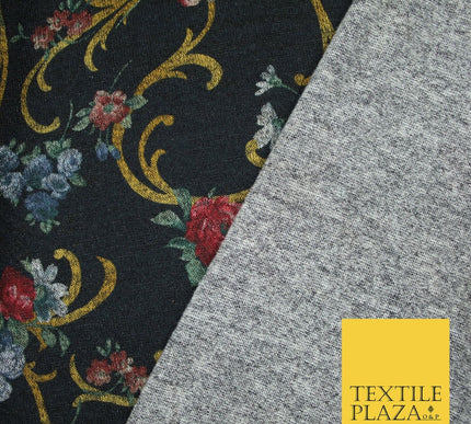 Black Marl Vintage Floral Print Soft Touch Stretch Jersey Fabric 56" 6727