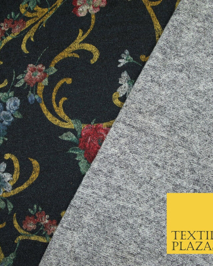 Black Marl Vintage Floral Print Soft Touch Stretch Jersey Fabric 56" 6727