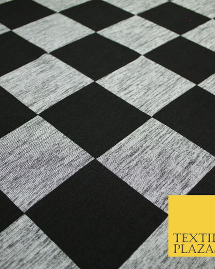 Black Grey Marl Check Print Soft Touch Stretch Jersey Fabric 56" 6595