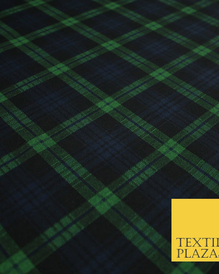 Green & Navy Blue Check Tartan Print Soft Touch Stretch Jersey Fabric 56" 6599