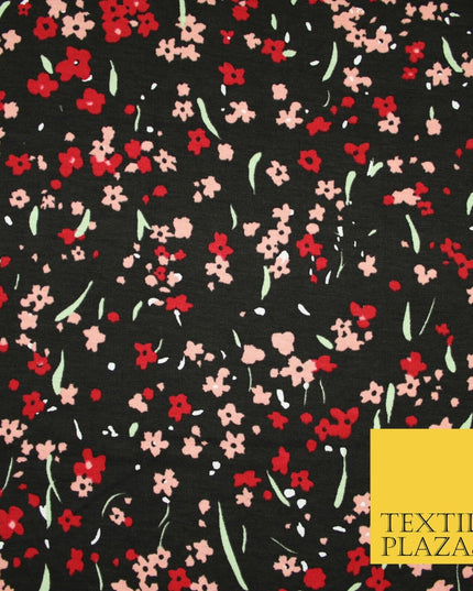 Black Peach Red Floral Ditsy Print Soft Touch Stretch Jersey Fabric 56" 6732