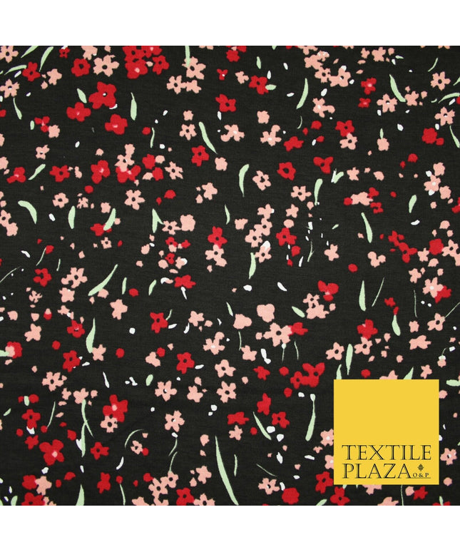 Black Peach Red Floral Ditsy Print Soft Touch Stretch Jersey Fabric 56" 6732
