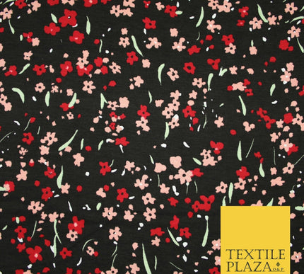 Black Peach Red Floral Ditsy Print Soft Touch Stretch Jersey Fabric 56" 6732