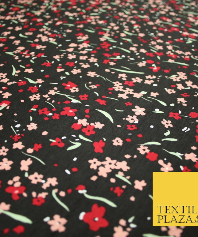 Black Peach Red Floral Ditsy Print Soft Touch Stretch Jersey Fabric 56" 6732