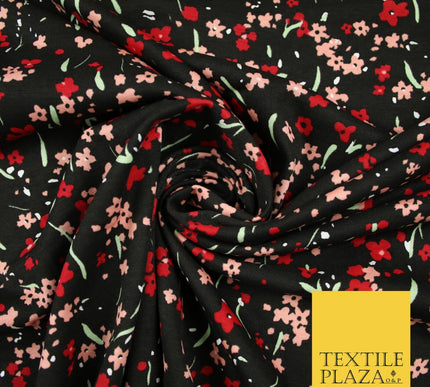 Black Peach Red Floral Ditsy Print Soft Touch Stretch Jersey Fabric 56" 6732