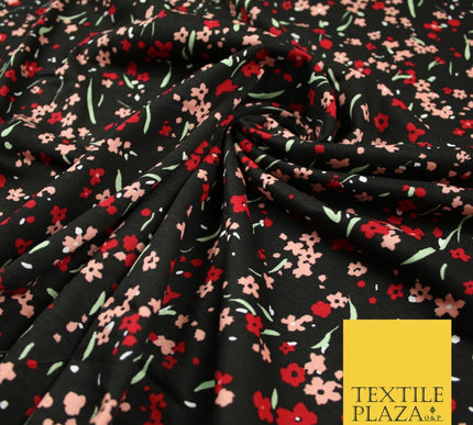 Black Peach Red Floral Ditsy Print Soft Touch Stretch Jersey Fabric 56" 6732