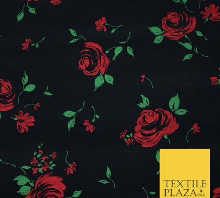 Black Red Roses Floral Print Soft Touch Stretch Jersey Fabric 56" 6735