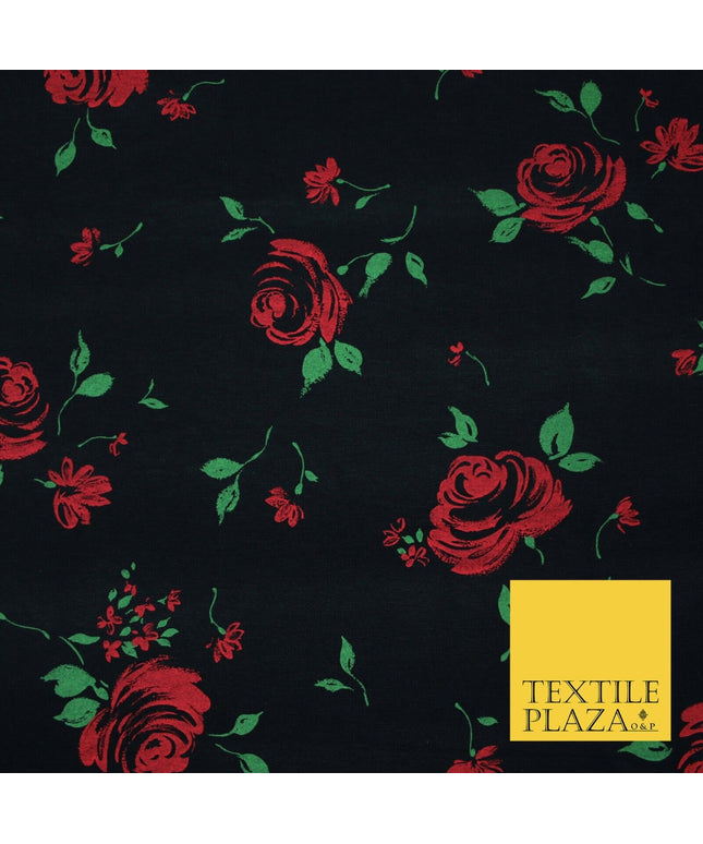 Black Red Roses Floral Print Soft Touch Stretch Jersey Fabric 56" 6735