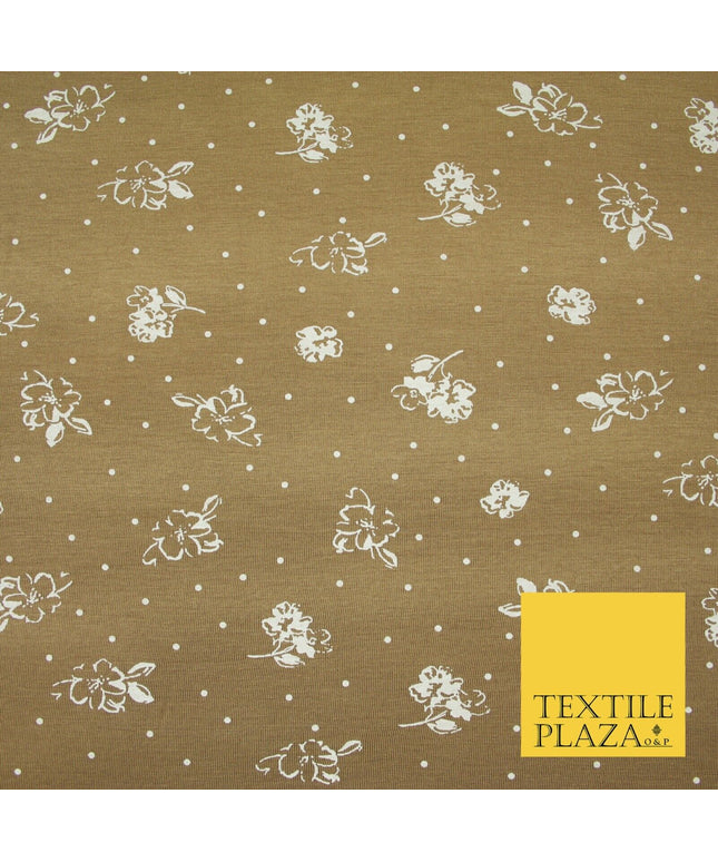 Sand Gold Ditsy Floral Polka Print Soft Touch Stretch Jersey Fabric 56" 6738
