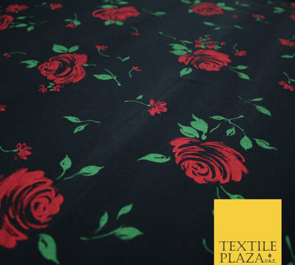 Black Red Roses Floral Print Soft Touch Stretch Jersey Fabric 56" 6735