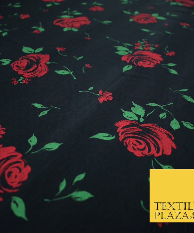 Black Red Roses Floral Print Soft Touch Stretch Jersey Fabric 56" 6735