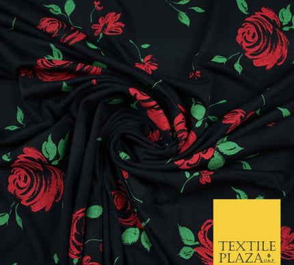 Black Red Roses Floral Print Soft Touch Stretch Jersey Fabric 56" 6735