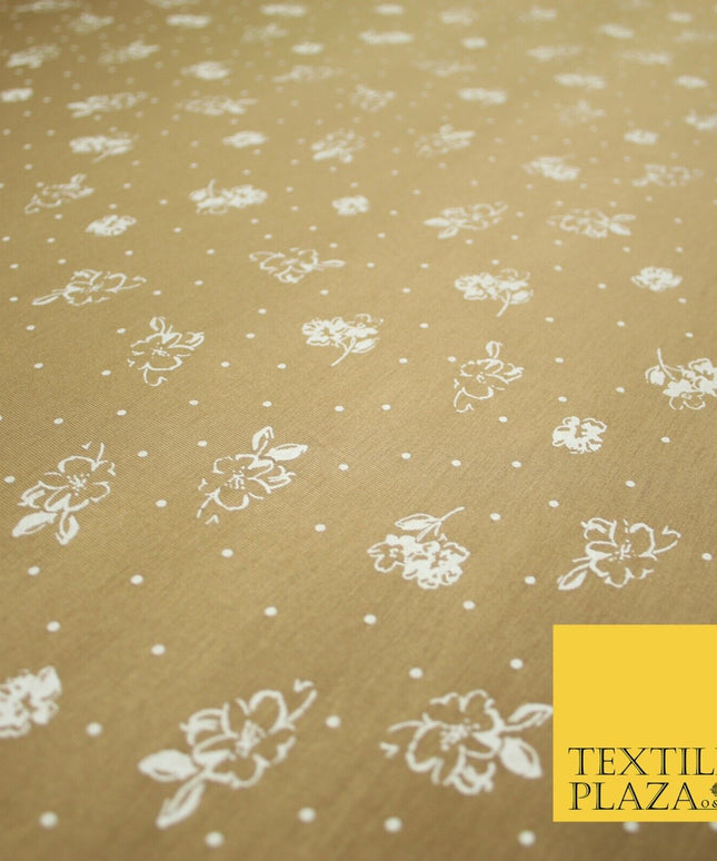 Sand Gold Ditsy Floral Polka Print Soft Touch Stretch Jersey Fabric 56" 6738