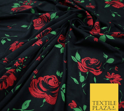 Black Red Roses Floral Print Soft Touch Stretch Jersey Fabric 56" 6735