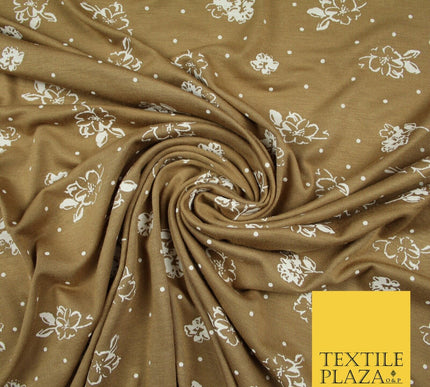 Sand Gold Ditsy Floral Polka Print Soft Touch Stretch Jersey Fabric 56" 6738