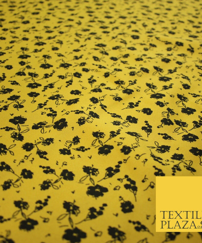 Mustard Ochre Black Ditsy Floral Print Soft Touch Stretch Jersey Fabric 56" 6736