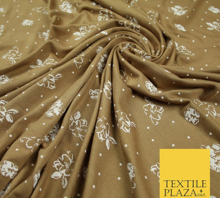 Sand Gold Ditsy Floral Polka Print Soft Touch Stretch Jersey Fabric 56" 6738