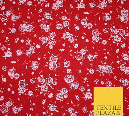 Red White Floral Bunches Petals Print Soft Touch Stretch Jersey Fabric 56" 6733