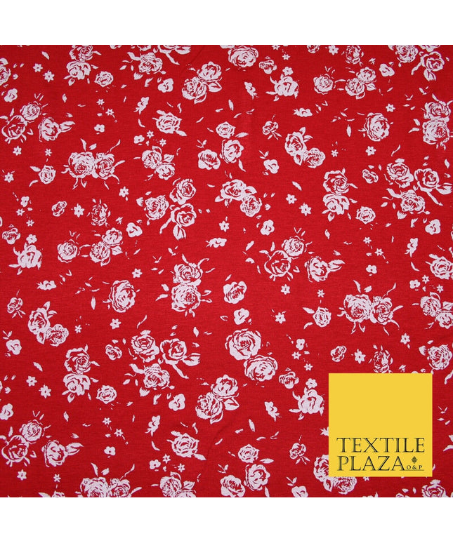 Red White Floral Bunches Petals Print Soft Touch Stretch Jersey Fabric 56" 6733