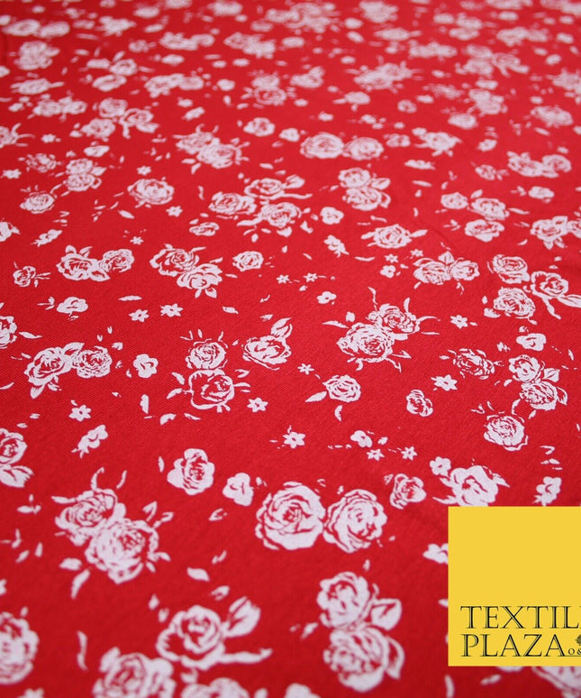 Red White Floral Bunches Petals Print Soft Touch Stretch Jersey Fabric 56" 6733
