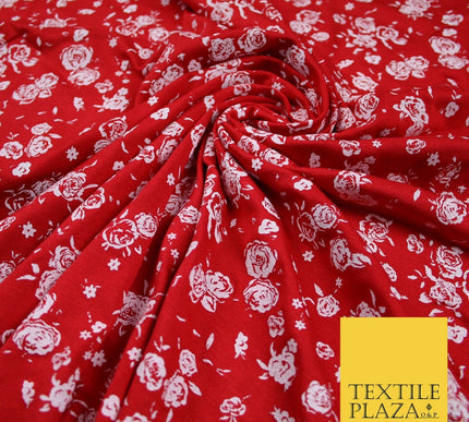 Red White Floral Bunches Petals Print Soft Touch Stretch Jersey Fabric 56" 6733