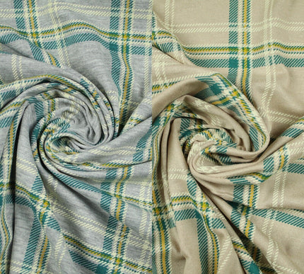 Grey/Beige with Teal & Mustard Tartan Print Soft Stretch Jersey Fabric 56"